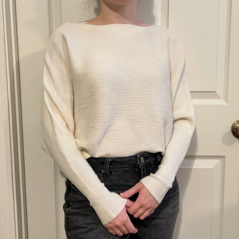 White Ribbed Stretchy Soft Boat Neck Batwing Sleeve Sweater